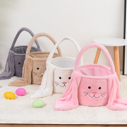 Grey Cute Plush Bunny Easter Basket with Long Ears and Personalization Option for Kids Egg Hunt and Spring Celebration