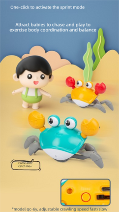 Upgraded Induction Crawling Crab Baby Toy with Silent Mode & Speed Control USB-C Rechargeable Obstacle Avoidance Tummy Time Pet Sky Green