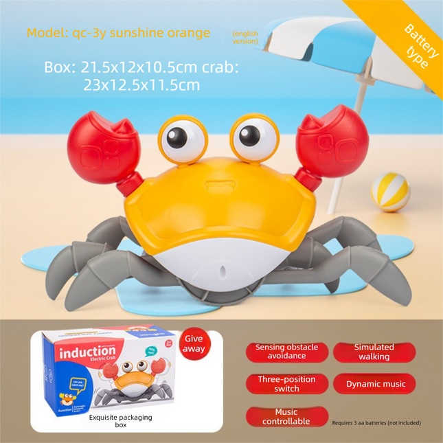 Electric Induction Crawling Crab Baby Toy Battery Operated with Silent Mode Music Off Switch Obstacle