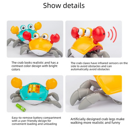 Electric Induction Crawling Crab Baby Toy Battery Operated with Silent Mode Music Off Switch Obstacle Avoidance Tummy Time Gift Sun Orange