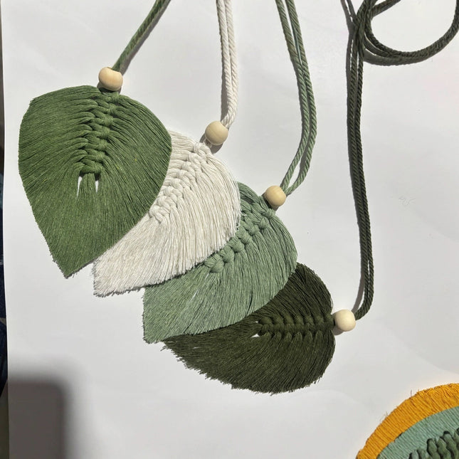 4 PCS Macrame Leaf Wall Hanging Set Handmade Cotton Boho Feather Ornaments Green & Beige for Nursery Home