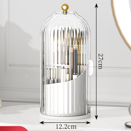 360 Degree Rotating Makeup Brush Organiser with Dustproof Lid Clear Cosmetic Storage Cylinder for Vanity Dressing Table Transparent White