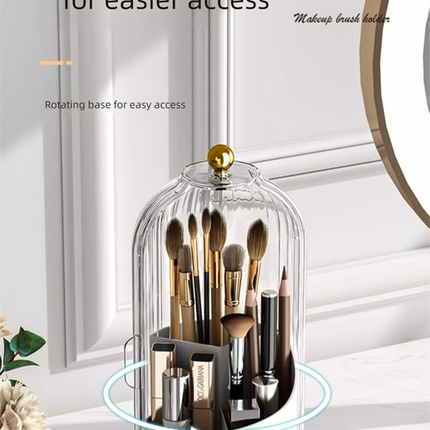360 Degree Rotating Makeup Brush Organiser with Dustproof Lid Clear Cosmetic Storage Cylinder for Vanity Dressing Table Transparent White