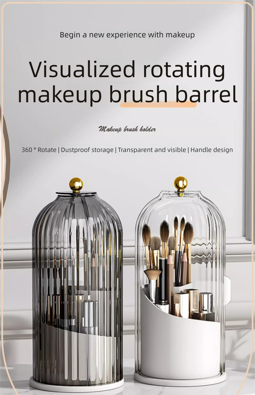 360 Degree Rotating Makeup Brush Organiser with Dustproof Lid Clear Cosmetic Storage Cylinder for Vanity – product detail