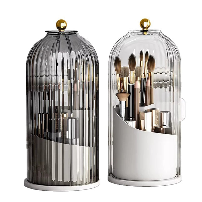 2 PCS Rotating Makeup Brush Organiser Set Dustproof Cosmetic Storage Holder White & Grey Duo for Vanity