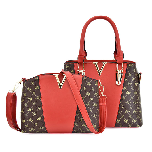 2 PCS Women's Handbag Set PU Leather Tote & Crossbody Purse Fashion Splicing Design Red V888-ELOSUNG44023
