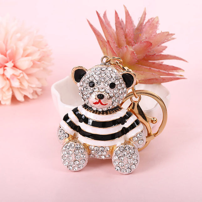 Black Stripe Crystal Bear Keychain Sparkly Rhinestone Bag Charm Cute Alloy Keyring Gift V888-ELOSUNG44058
