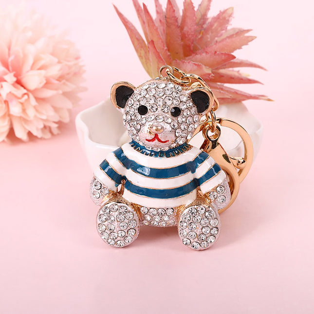 Blue Stripe Crystal Bear Keychain Sparkly Rhinestone Bag Charm Cute Alloy Keyring Gift V888-ELOSUNG44059