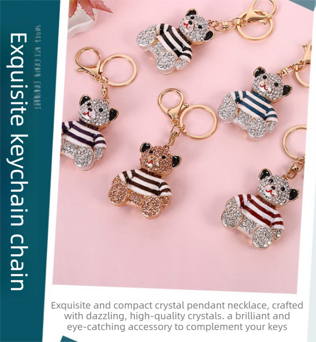 Blue Stripe Crystal Bear Keychain Sparkly Rhinestone Bag Charm Cute Alloy Keyring Gift – product detail