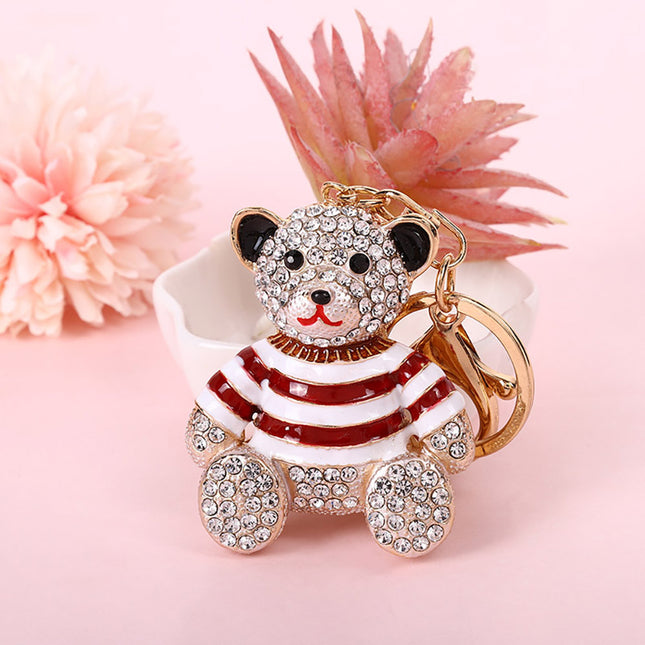 Red Stripe Crystal Bear Keychain Sparkly Rhinestone Bag Charm Cute Alloy Keyring Gift V888-ELOSUNG44060