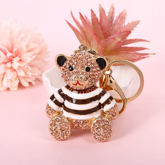 Peach Stripe Crystal Bear Keychain Sparkly Rhinestone Bag Charm Cute Alloy Keyring Gift V888-ELOSUNG44061