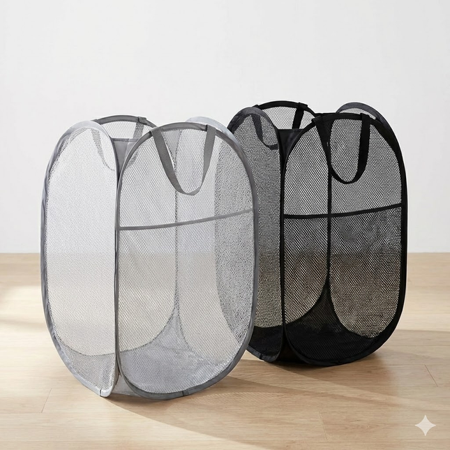 2 PCS Mesh Pop Up Laundry Hamper Collapsible Washing Basket with Side Pocket & Reinforced Handles (Black &