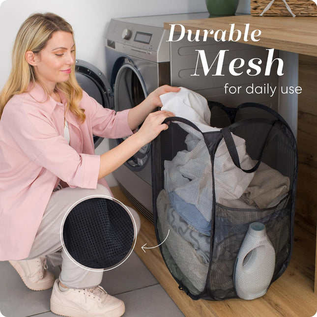 2 PCS Mesh Pop Up Laundry Hamper Collapsible Washing Basket with Side Pocket & Reinforced Handles (Black & – product detail