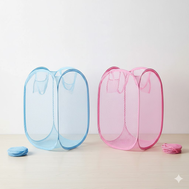 2 PCS Mesh Pop Up Laundry Hamper Collapsible Washing Basket with Side Pocket & Reinforced Handles (Sky Blue