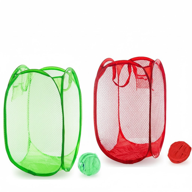 2 PCS Mesh Pop Up Laundry Hamper Collapsible Washing Basket with Side Pocket & Reinforced Handles (Green &