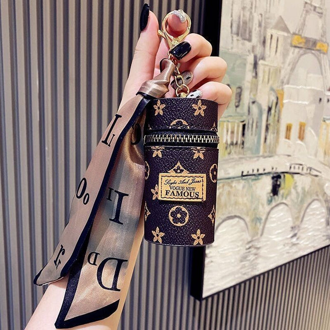Pink Mini Cylinder Lipstick Case Keychain with Silk Scarf Charm PU Leather Coin Purse Bag Pendant for