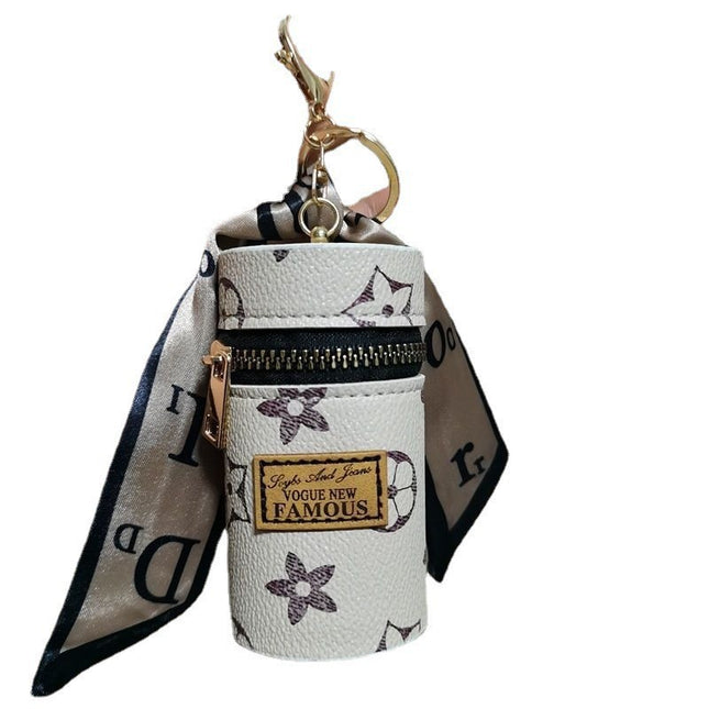White Mini Cylinder Lipstick Case Keychain with Silk Scarf Charm PU Leather Coin Purse Bag Pendant for