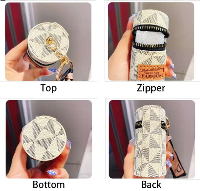 White Mini Cylinder Lipstick Case Keychain with Silk Scarf Charm PU Leather Coin Purse Bag Pendant for – product detail