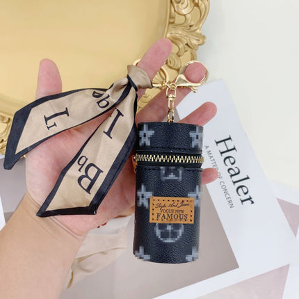 Black Mini Cylinder Lipstick Case Keychain with Silk Scarf Charm PU Leather Coin Purse Bag Pendant for Earphones Keys Vintage Floral Pattern