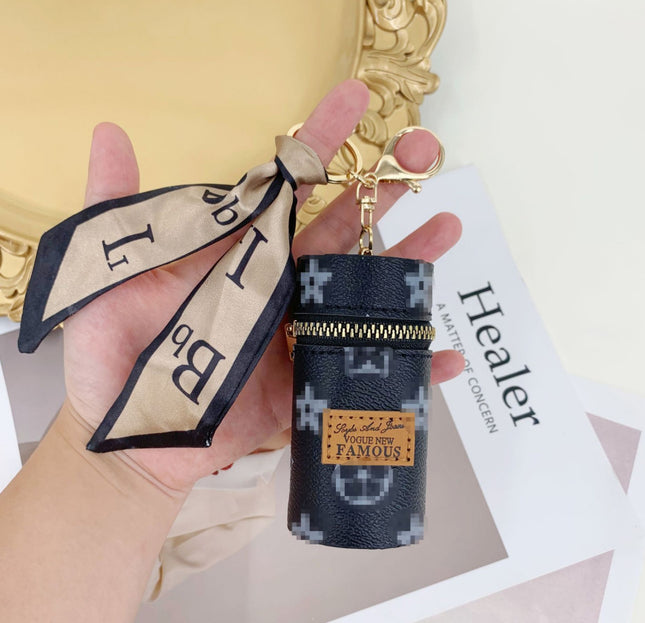 Black Mini Cylinder Lipstick Case Keychain with Silk Scarf Charm PU Leather Coin Purse Bag Pendant for