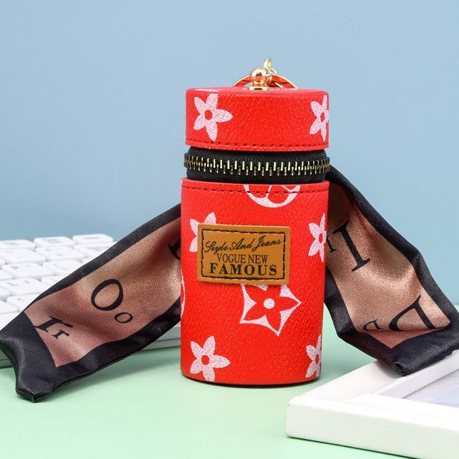 Red Mini Cylinder Lipstick Case Keychain with Silk Scarf Charm PU Leather Coin Purse Bag Pendant for