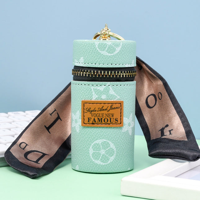Green Mini Cylinder Lipstick Case Keychain with Silk Scarf Charm PU Leather Coin Purse Bag Pendant for