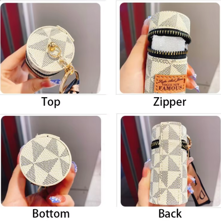 Green Mini Cylinder Lipstick Case Keychain with Silk Scarf Charm PU Leather Coin Purse Bag Pendant for Earphones Keys Vintage Floral Pattern