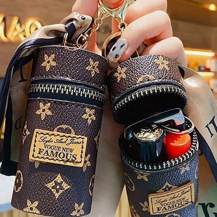 Green Mini Cylinder Lipstick Case Keychain with Silk Scarf Charm PU Leather Coin Purse Bag Pendant for Earphones Keys Vintage Floral Pattern