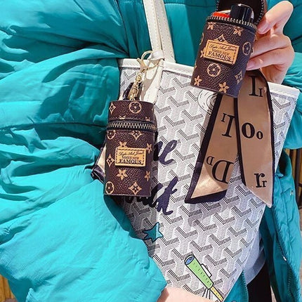 Khaki Mini Cylinder Lipstick Case Keychain with Silk Scarf Charm PU Leather Coin Purse Bag Pendant for Earphones Keys Vintage Floral Pattern