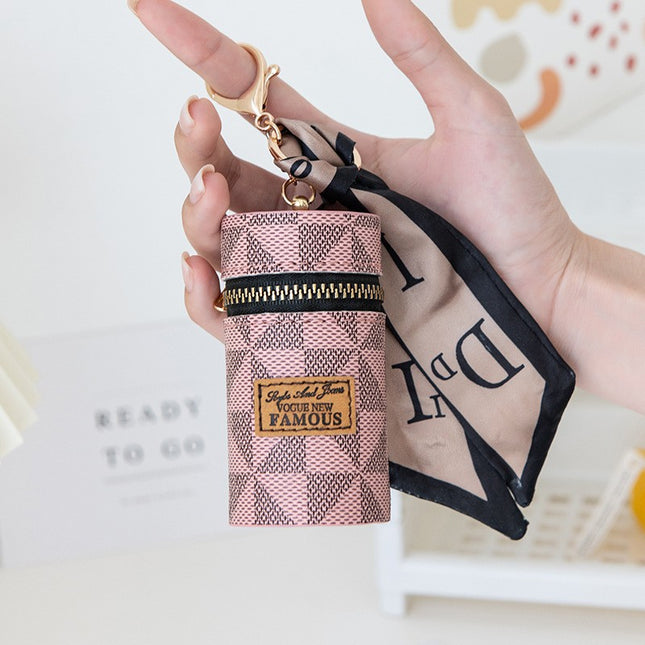 Women's Mini Cylinder Lipstick Case Keychain Pink Geometric Triangle Pattern Coin Purse with Silk Scarf Bag