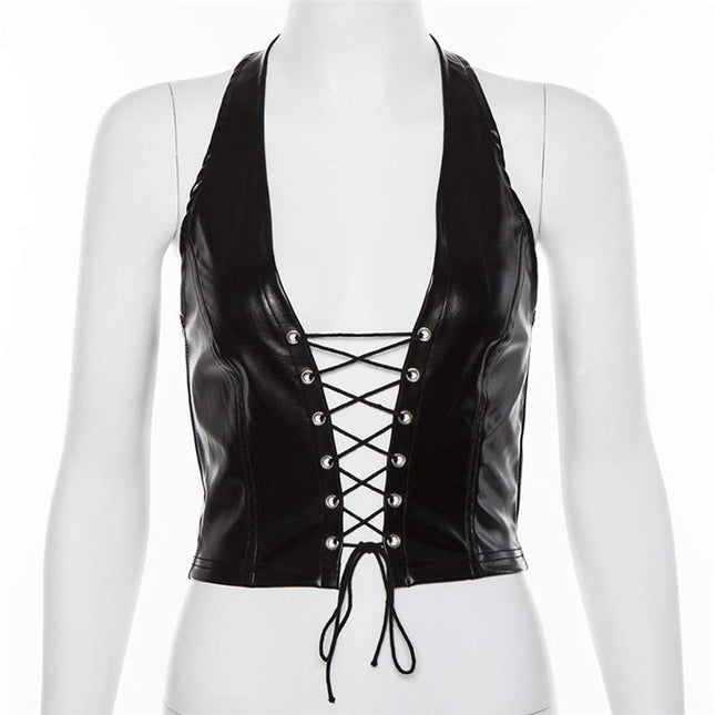 Women's Faux Leather Halter Crop Top Sexy Lace Up Deep V Camisole Gothic Punk Rave Festival Clubwear (Black