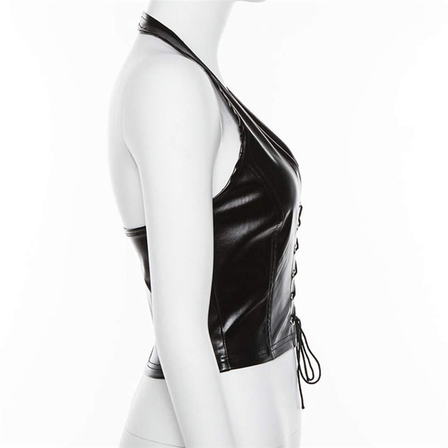 Women's Faux Leather Halter Crop Top Sexy Lace Up Deep V Camisole Gothic Punk Rave Festival Clubwear – product detail