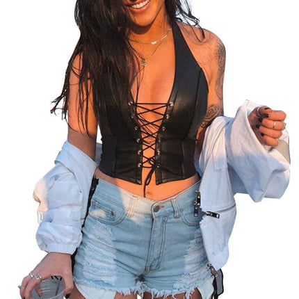 Women's Faux Leather Halter Crop Top Sexy Lace Up Deep V Camisole Gothic Punk Rave Festival Clubwear (Black, Size S)