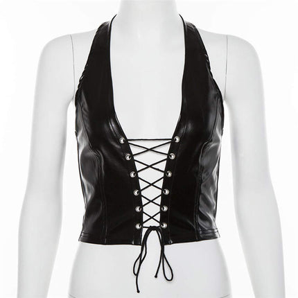 Women's Faux Leather Halter Crop Top Sexy Lace Up Deep V Camisole Gothic Punk Rave Festival Clubwear (Black, Size L)