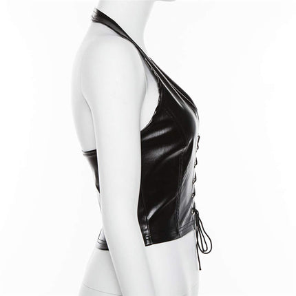 Women's Faux Leather Halter Crop Top Sexy Lace Up Deep V Camisole Gothic Punk Rave Festival Clubwear (Black, Size L)