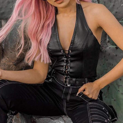 Women's Faux Leather Halter Crop Top Sexy Lace Up Deep V Camisole Gothic Punk Rave Festival Clubwear (Black, Size L)