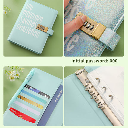 100 Envelope Savings Challenge Binder with Password Lock A5 Cash Stuffing Budget Planner Book Money Organizer for Couples (Blue)