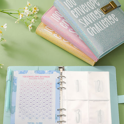100 Envelope Savings Challenge Binder with Password Lock A5 Cash Stuffing Budget Planner Book Money Organizer for Couples (Blue)