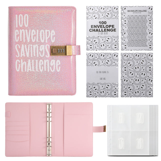 100 Envelope Savings Challenge Binder with Password Lock Holographic Pink A5 Cash Stuffing Budget Planner