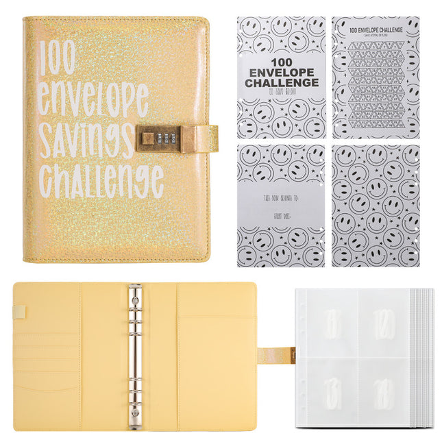 100 Envelope Savings Challenge Binder with Password Lock Holographic Yellow A5 Cash Stuffing Budget (Glitter