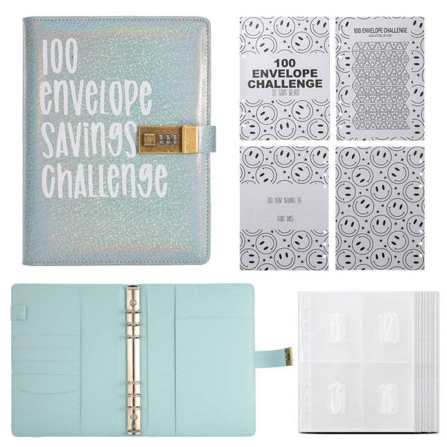100 Envelope Savings Challenge Binder with Password Lock Holographic Blue A5 Cash Stuffing Budget Planner