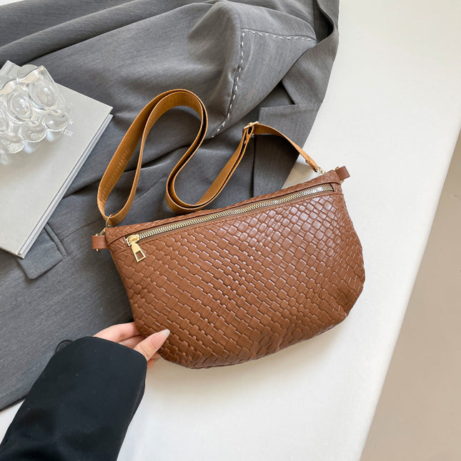 Women's Woven Crossbody Dumpling Bag Soft Vegan Leather Chest Waist Pack with Wide Adjustable Strap for