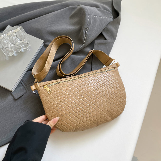 Women's Woven Crossbody Dumpling Bag Soft Vegan Leather Chest Waist Pack with Wide Adjustable Strap for