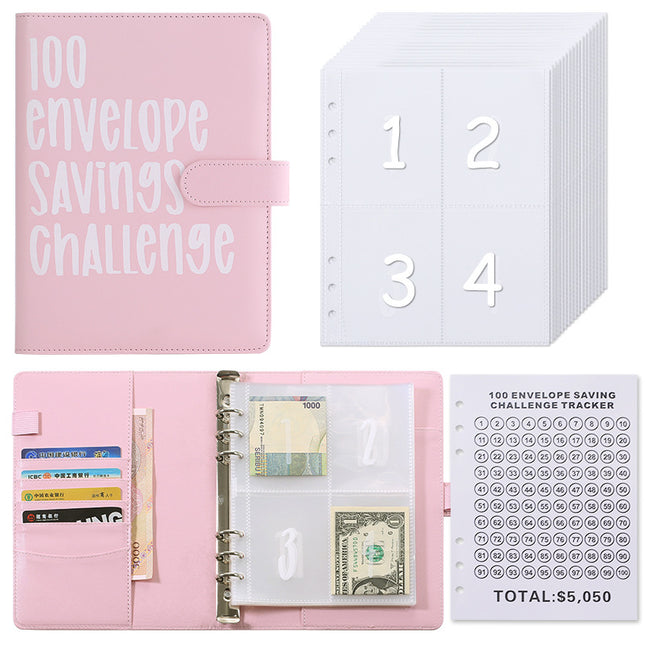 100 Envelope Savings Challenge Binder A5 Budget Planner Book PU Leather Cash Stuffing Money Organiser with