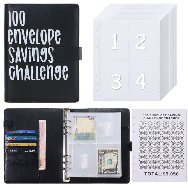 100 Envelope Savings Challenge Binder A5 Budget Planner Book PU Leather Cash Stuffing Money Organiser with