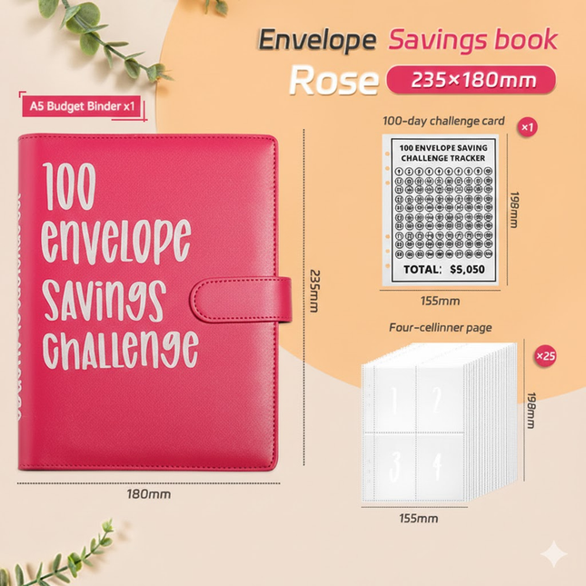 100 Envelope Savings Challenge Binder A5 Budget Planner Book PU Leather Cash Stuffing Money Organiser with
