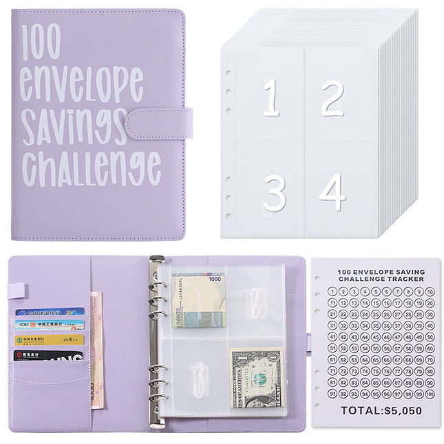 100 Envelope Savings Challenge Binder A5 Budget Planner Book PU Leather Cash Stuffing Money Organiser with