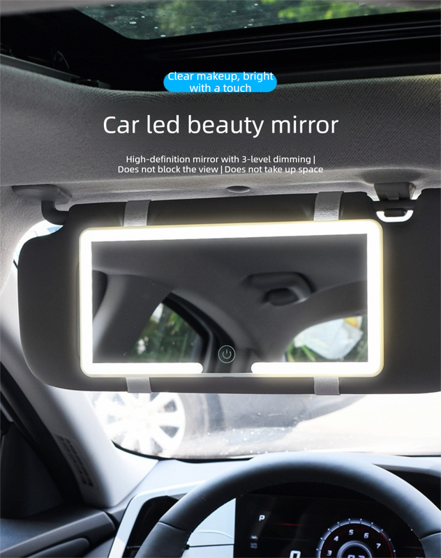 Car Visor Vanity Mirror with Dual Colour LED Lights Rechargeable Sun Visor Makeup Mirror Dimmable Dual – product detail