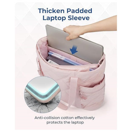 Womens Puffer Tote Bag Quilted Nylon Shoulder Handbag Large Capacity Laptop Work Travel Gym Carryall Bag with Zipper Pink