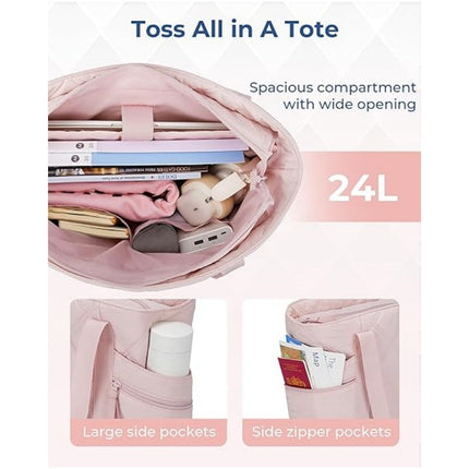 Womens Puffer Tote Bag Quilted Nylon Shoulder Handbag Large Capacity Laptop Work Travel Gym Carryall Bag with Zipper Pink